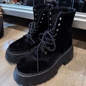 Black Velvet Platform Combat Boots – Chunky Sole Lace Up Ankle Boots